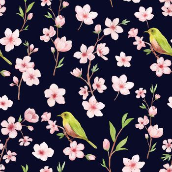 Branch of Cherry blossom watercolor seamless pattern on white backgraund. Japanese flowers and bird. Floral pink background