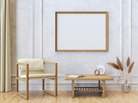 Mock up poster frames with armchair and curtain in modern interior