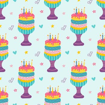Bright birthday cake on blue background, vector seamless pattern, perfect for postcards, invitations, wrapping paper