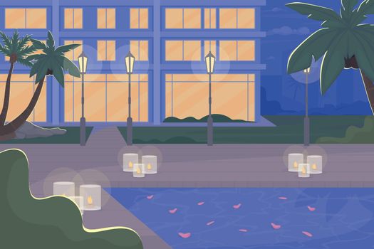 Empty poolside with romantic decor in evening flat color vector illustration