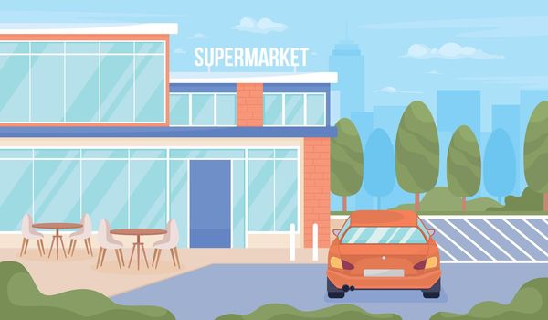 Supermarket with cafe and parking lots flat color vector illustration