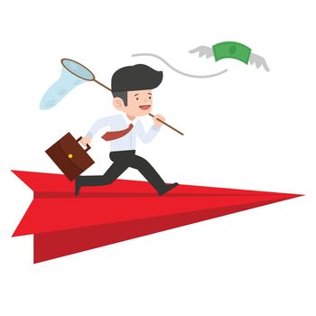 Businessman on Red Paper plane Catching  money flying away