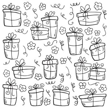 Set of hand drawn doodle vector gift boxes with bows and ribbons. Sketch illustration. Child simple drawing. For decor, print, cards
