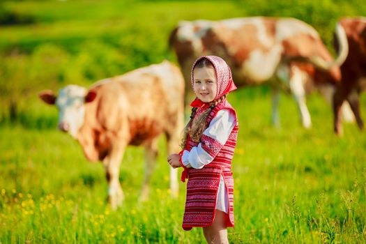 girl in national costume grazes cows