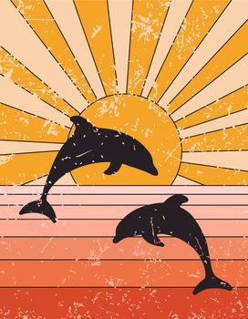 Groovy poster 70s style with sun and dolphins. Retro print with grange texture. Vector illustration with sunshine and sea