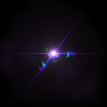 Purple Lens flare with bright light isolated with a black background.
