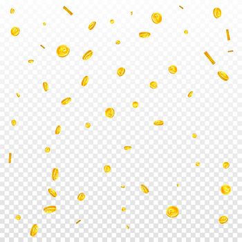 Russian ruble coins falling. Dramatic scattered RUB coins. Russia money. Good-looking jackpot, wealth or success concept. Vector illustration.