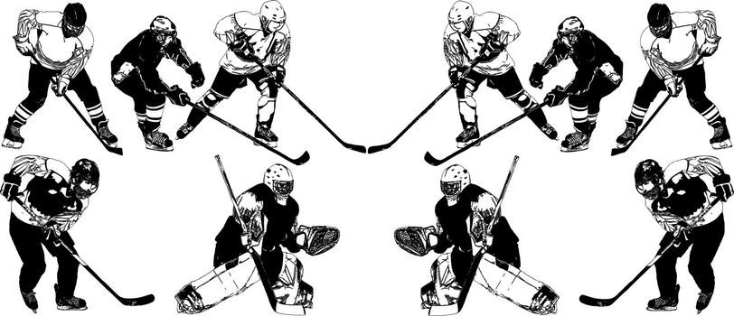 A selection of black and white vector images of players of the hockey team in uniform