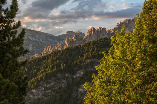 Sunset coloring the Cirspitzen in the Dolomites above Val Gardena in South Tirol. Cir Mountain in the middle of the Dolomites, scenic view between Trees