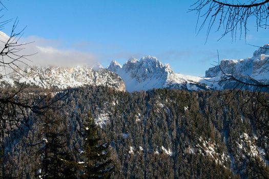 Winter view of the Cirspitzen in Gröden, Val Gardena, above Selva in the Dolomites. Looking from Pic to Sella, Cir and Stevia