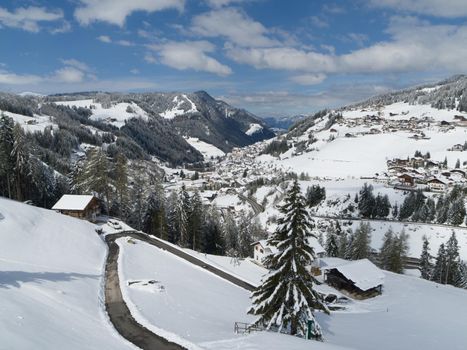 Santa Christina in Winter, beautiful winter Landscape of a Alpine Town in Val Gardena, South Tyrol