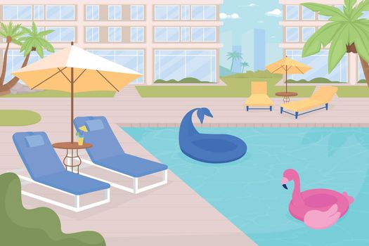 Empty hotel poolside with equipment for rest flat color vector illustration