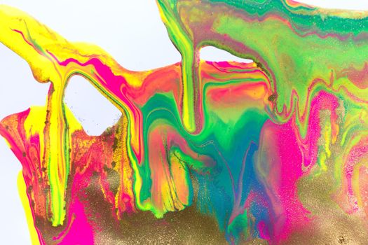 Abstract liquid ink grunge background with gold dust. Fluorescent liquid bright texture.