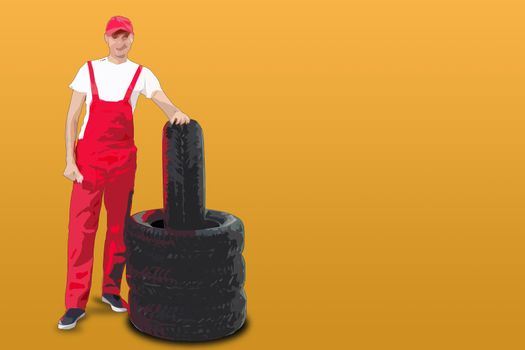 male mechanic holding a wrench and wheel, cartoon character, car tire, tyre service illustration