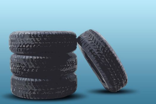 Four new good-looking snow tires isolated. A set of winter and summer car tires. Tyre packages. Wheel parts. Tire service. Realistic tires set. Car wheel with alloy rims