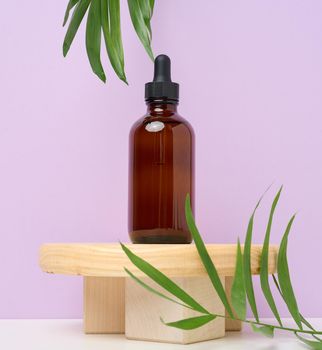 A brown glass bottle with a pipette on a wooden podium and green palm leaves.