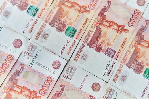 Money on Russia. Close-up of Russian rubles on five thousand.
