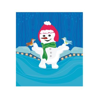 snowman with a scarf and bird sitting on his hand