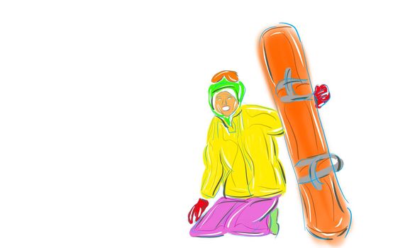 Young woman with snowboard in winter clothes on background of snowy mountain