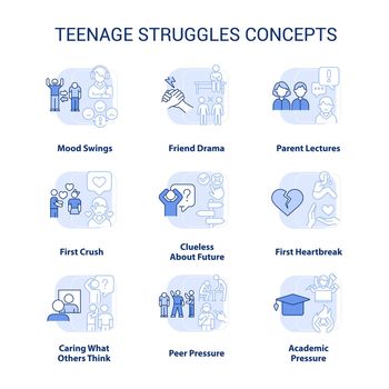 Teenage struggles light blue concept icons set