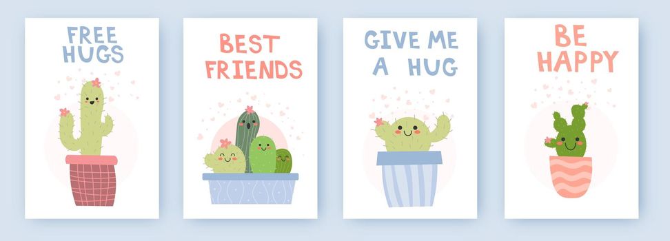 Cute cacti cards. Funny prickly plants cartoon characters, mexican symbol, blooming and hanging succulents and cactuses, pretty faces and hats, decorative pots, vector EPS