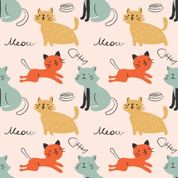 Seamless pattern with funny cats, cat food and fish on a pink background. Vector illustration. EPS