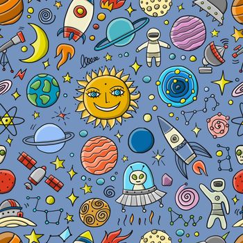 Space Background. Planets of the solar system. Rockets and astronauts. Seamless Pattern for your design