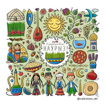 Nowruz, holiday of arrival of spring. Holiday symbols, people, food, customs and traditions. Gift card design