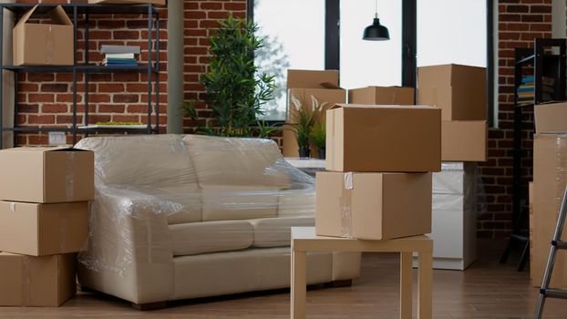 No people in living room interior to move in with carton boxes