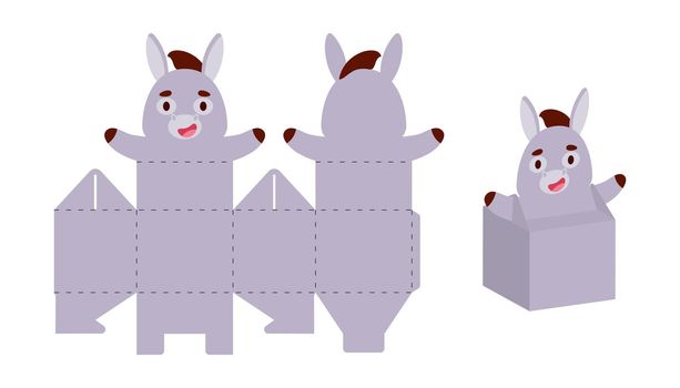 Simple packaging favor box donkey design for sweets, candies, small presents. Party package template for any purposes, birthday, baby shower. Print, cut out, fold, glue. Vector stock illustration.