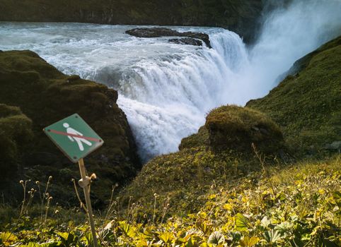 Gullfoss massive waterfall and hiking forbidden sign