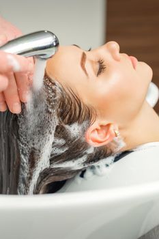 Hands of hairdresser washing hair of woman