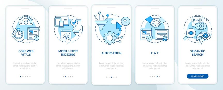Search engine optimization concepts blue onboarding mobile app screen