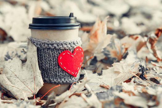 A lonely paper cozy coffee glass with a knitted heart in autumn foliage. Concept of loneliness or seasonal depression