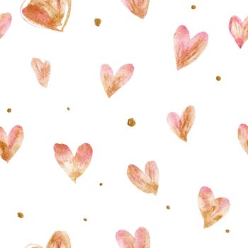 Seamless pattern with a romantic light pink watercolor hearts and golden dots