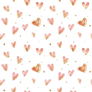 Seamless pattern with a romantic traced light pink watercolor hearts and golden dots