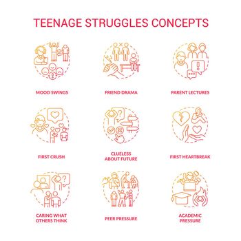 Teenage struggles red gradient concept icons set