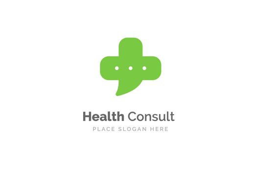 Health consult logo design template. Medical cross shape isolated on bubble chat symbol.