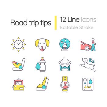 Road trip tips RGB color icons set