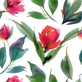 Peony Leaves ans Buds. Watercolor seamless pattern