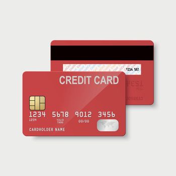 Vector 3d Realistic Red Credit Card Isolated. Design Template of Plastic Credit or Debit Card for Mockup, Branding. Credit Card Payment Concept. Front Back View