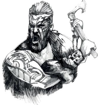Sketch of viking warrior in full with ax aggressively attacks