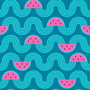 Seamless pattern with watermelon slices waves stripes. Summer, exotic, freshness