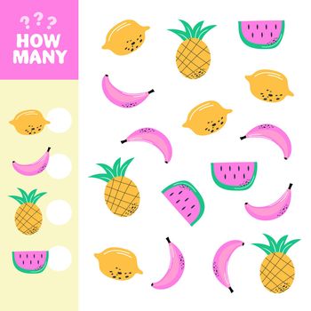 Counting game for preschool children. Banana, lemon, pineapple, watermelon