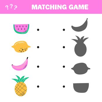 Educational game for children. Find the right shadow. Kids activity with fruits.