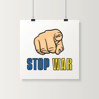 Hand Pointing, Finger Pointing. Stop War in Ukraine Concept. Symbol of Struggle, Protest, Support Ukraine. No War. Vector Illustration. Call for Peace, Support for Ukraine. Tshirt, Plackard Print