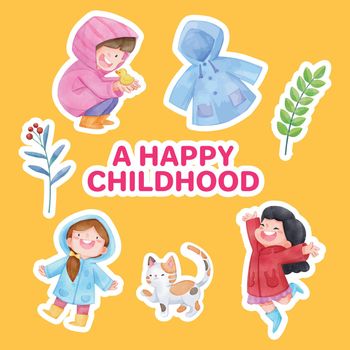 Sticker template with children rainy season concept,watercolor style