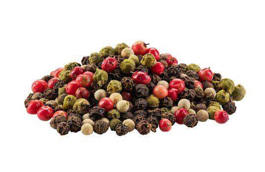 Mixture of peppercorns isolated on white background with copy space for text or images. Spices and herbs. Packaging concept. Close-up.