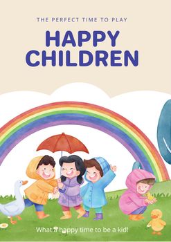 Poster template with children rainy season concept,watercolor style