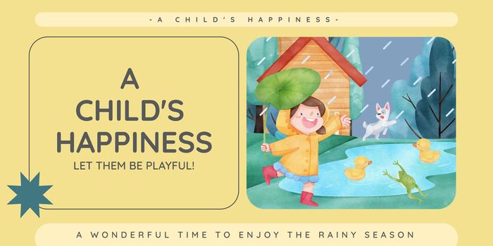 Blog header template with children rainy season concept,watercolor style